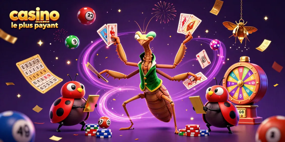 Les personnages du casino en ligne le plus payant animent une scène avec des billets d'or et des boules de loterie colorées.