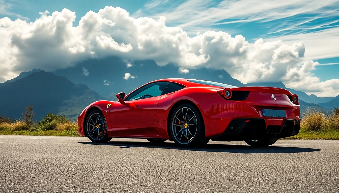 Luxury sports cars Cape Town: a striking red Ferrari parked against the backdrop of Table Mountain.
