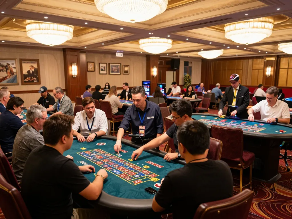 Players engaged in strategic gameplay at TG88 casino, showcasing excitement around roulette and poker tables with dealers.