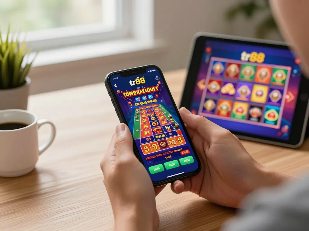 Engaging gameplay on tải app tr88 shown on smartphone in a cozy home environment, highlighting modern mobile gambling.