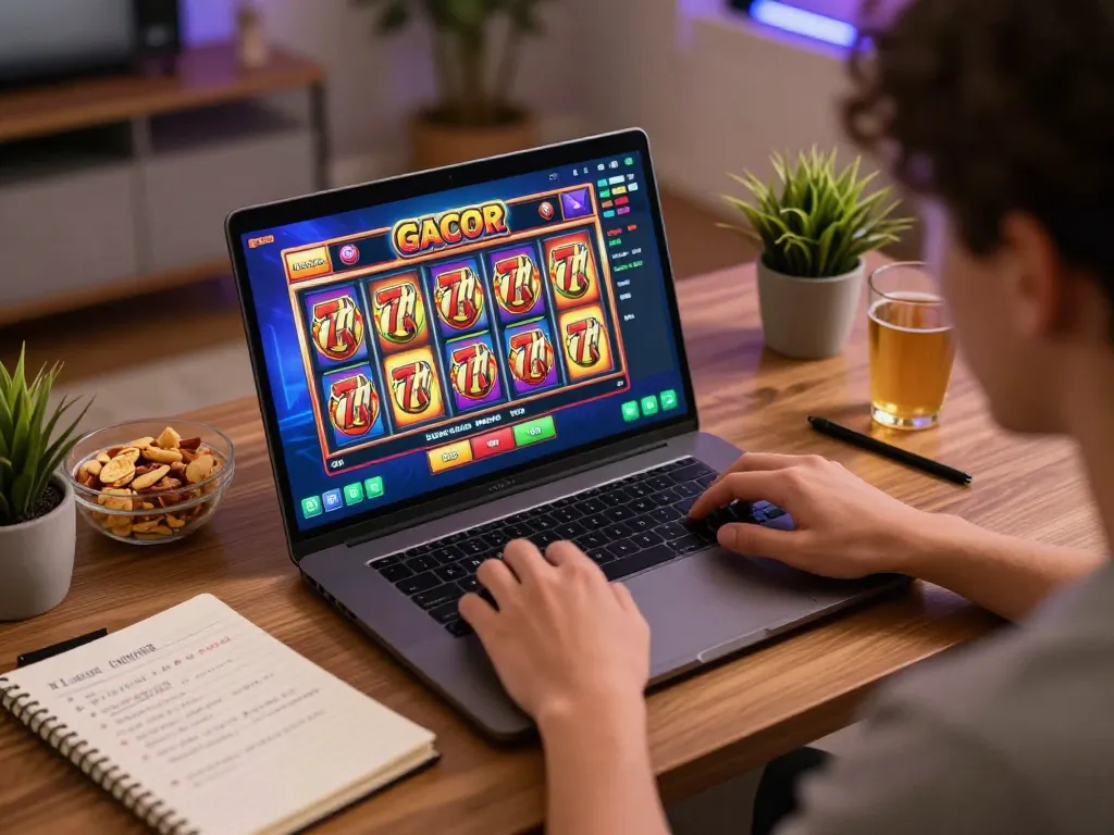Engaging gameplay on slot gacor 777 in a cozy home setup with strategic notes and vibrant visuals.