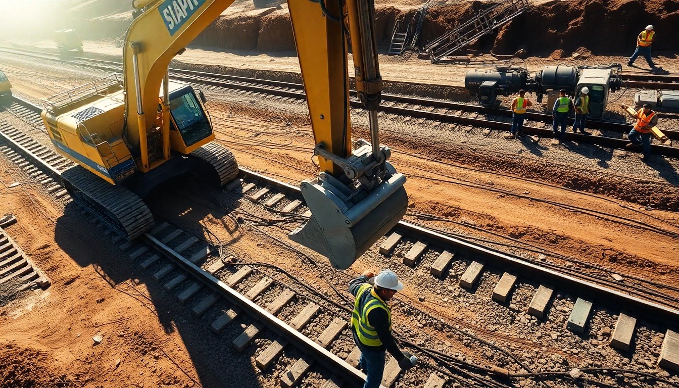 Railroad Track Construction Company overseeing active site work with machinery and workers at a construction site.