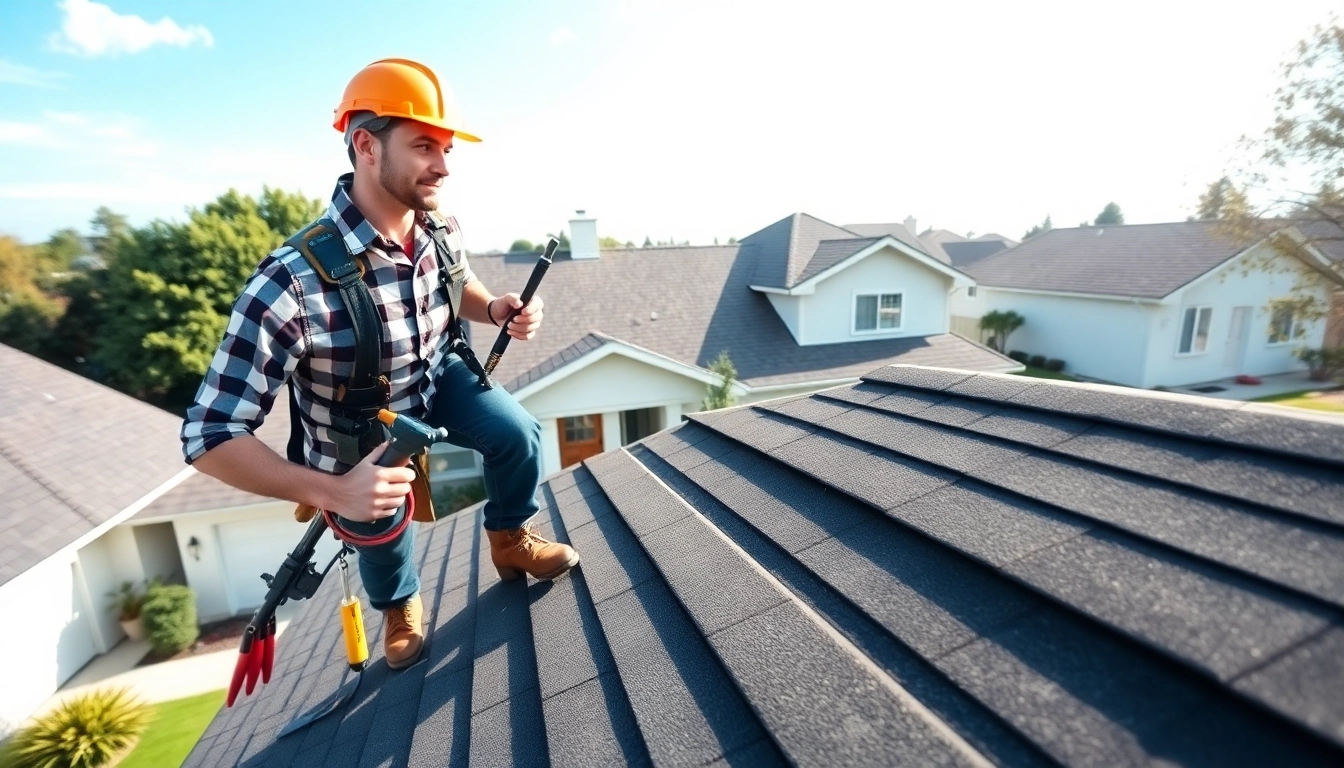 Roofing contractor inspecting a residential roof with tools, ensuring quality service.