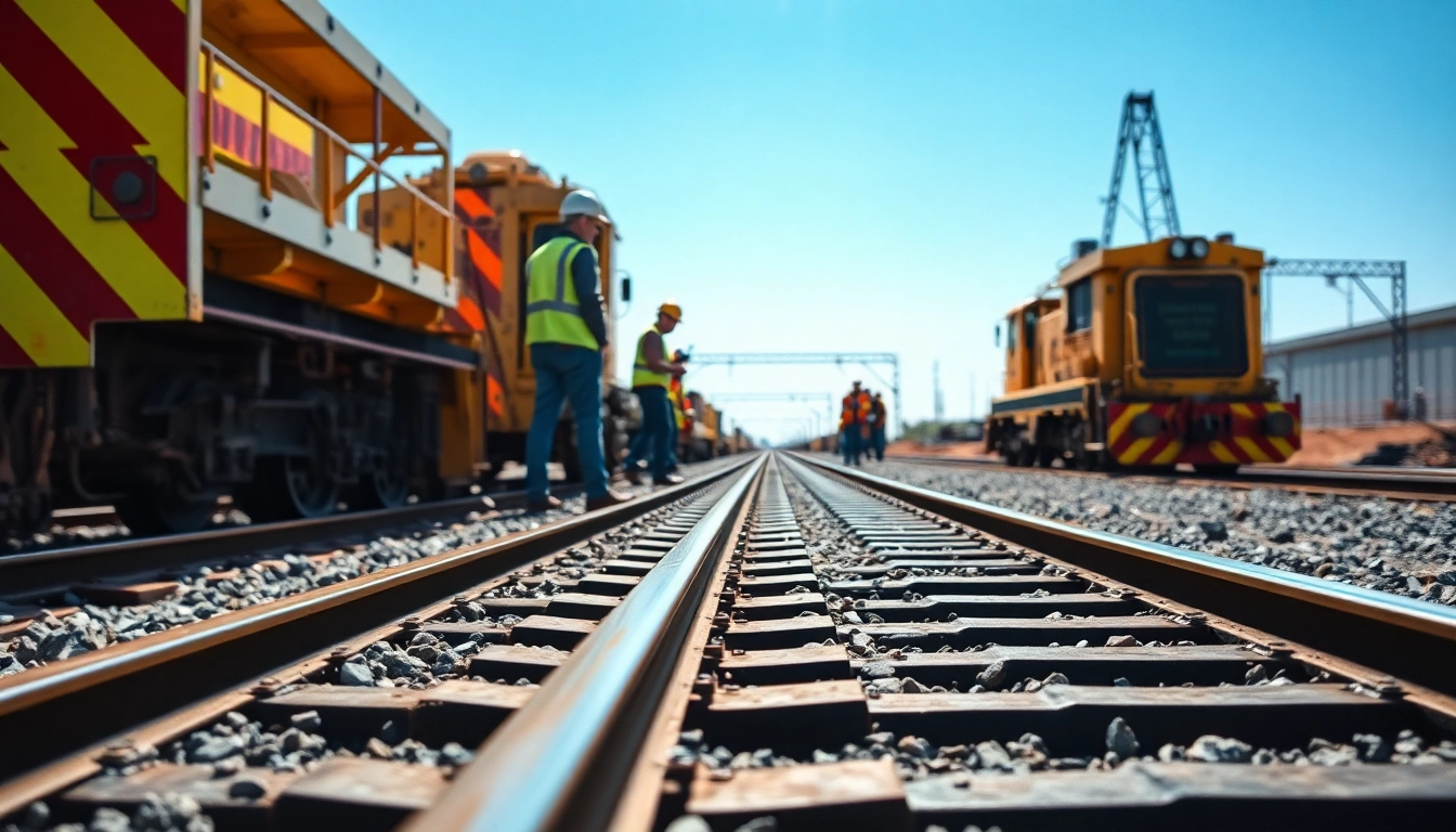 Railroad Track Construction Company team efficiently laying tracks at a bright construction site.