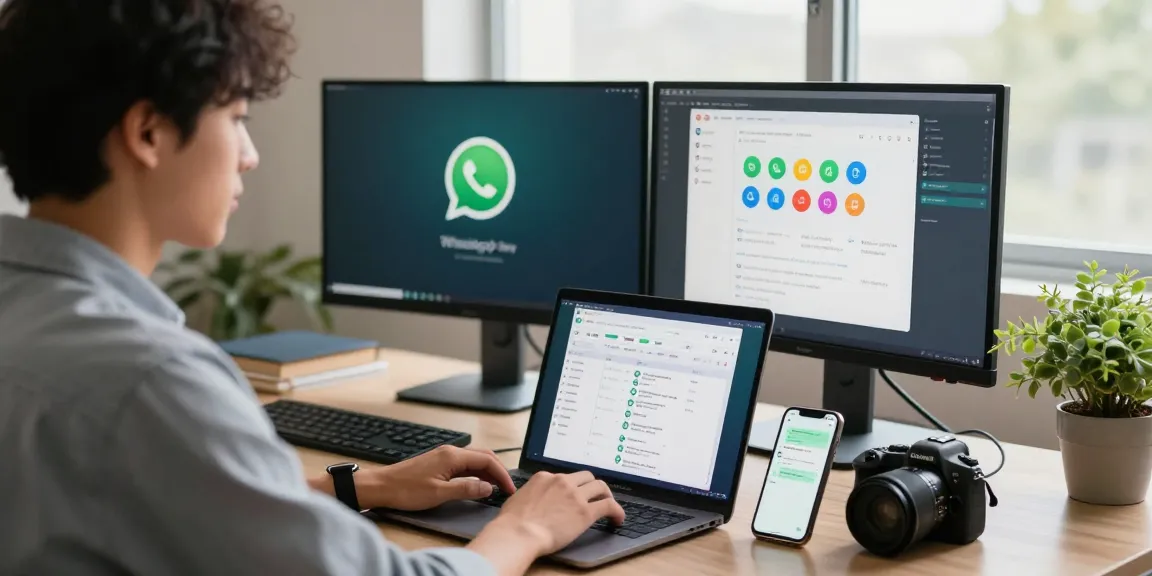 Engaging digital workspace with WhatsApp下載 interface on laptops and smartphones, showcasing modern communication tools.