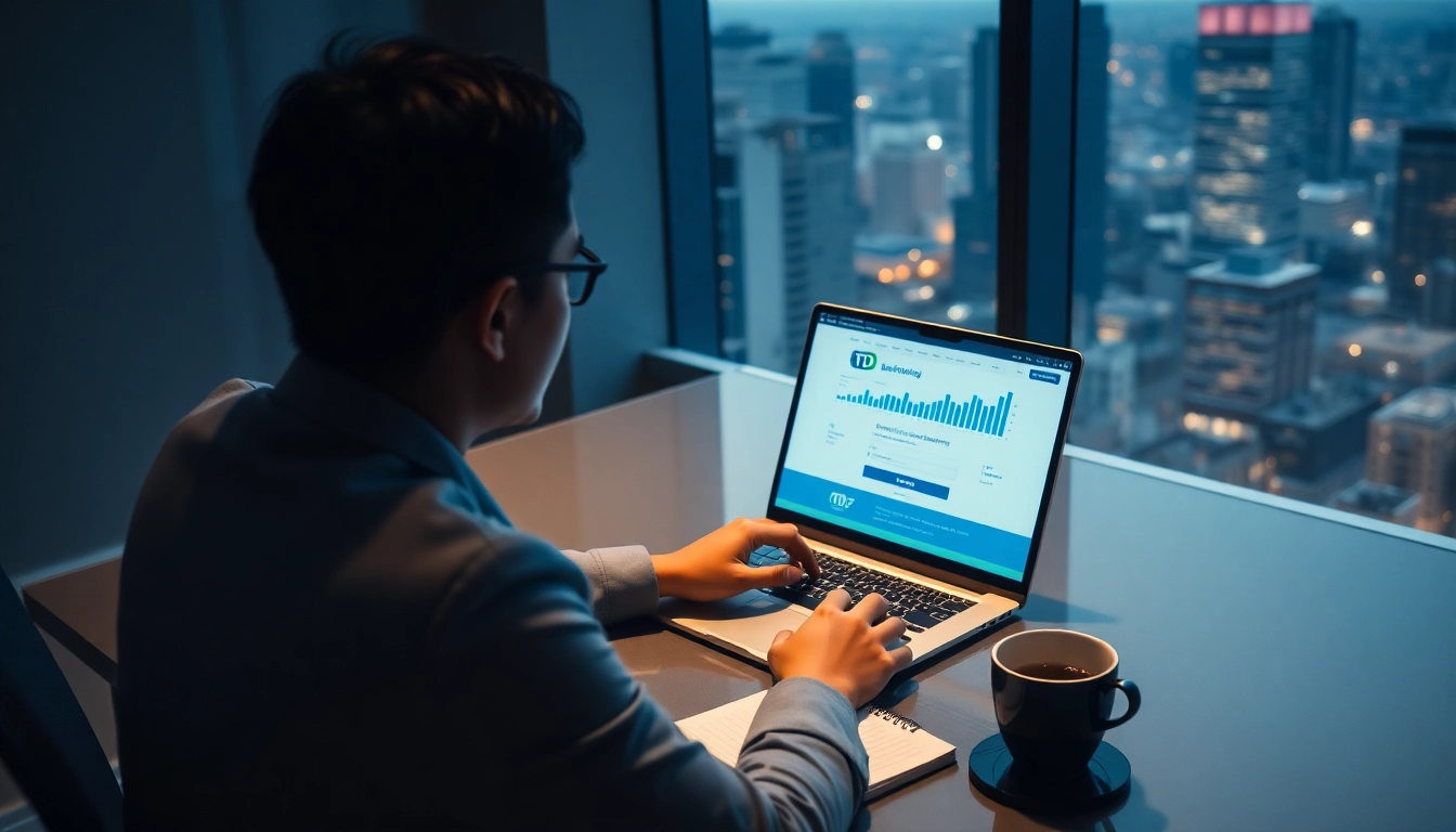 Businessperson using td web business banking login on a laptop in a professional office.