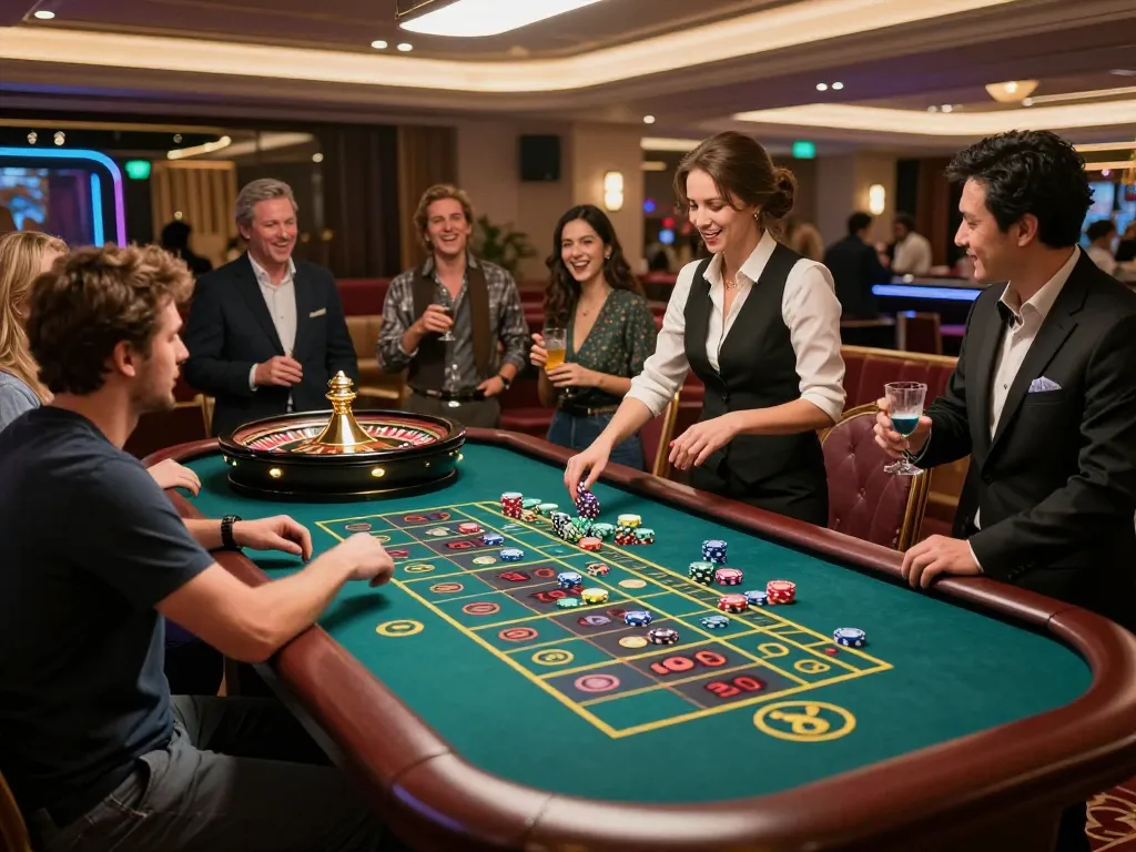 VA88 players excitedly placing bets at a roulette table in an upscale casino.