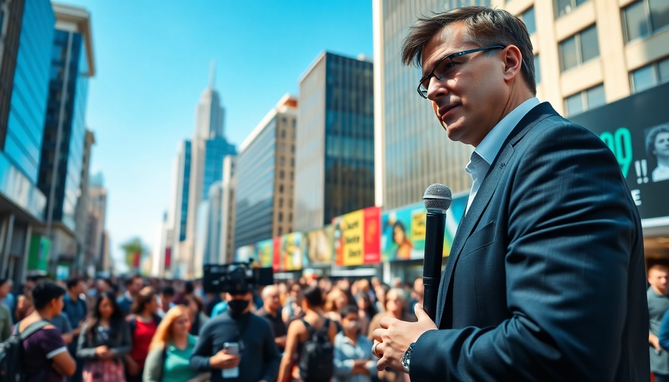 Reporter engaging audience with breaking News updates in a vibrant city.