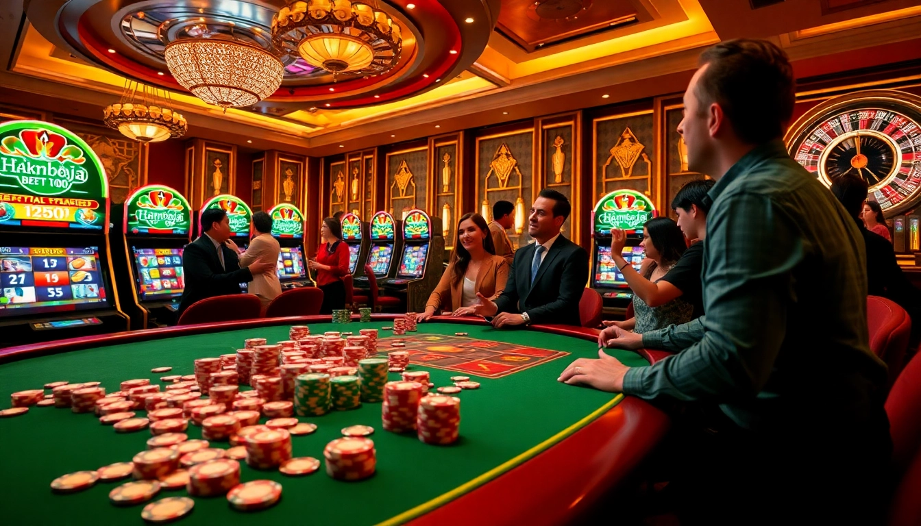 Players enjoying slot kamboja bet 100 at a vibrant casino scene with poker chips and slot machines.