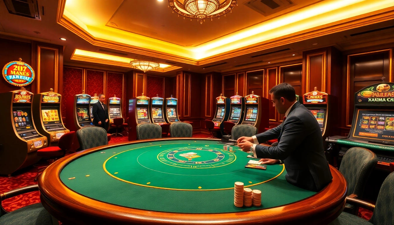 XSMB247 betting excitement at a luxurious casino table with vibrant poker chips and slot machines.