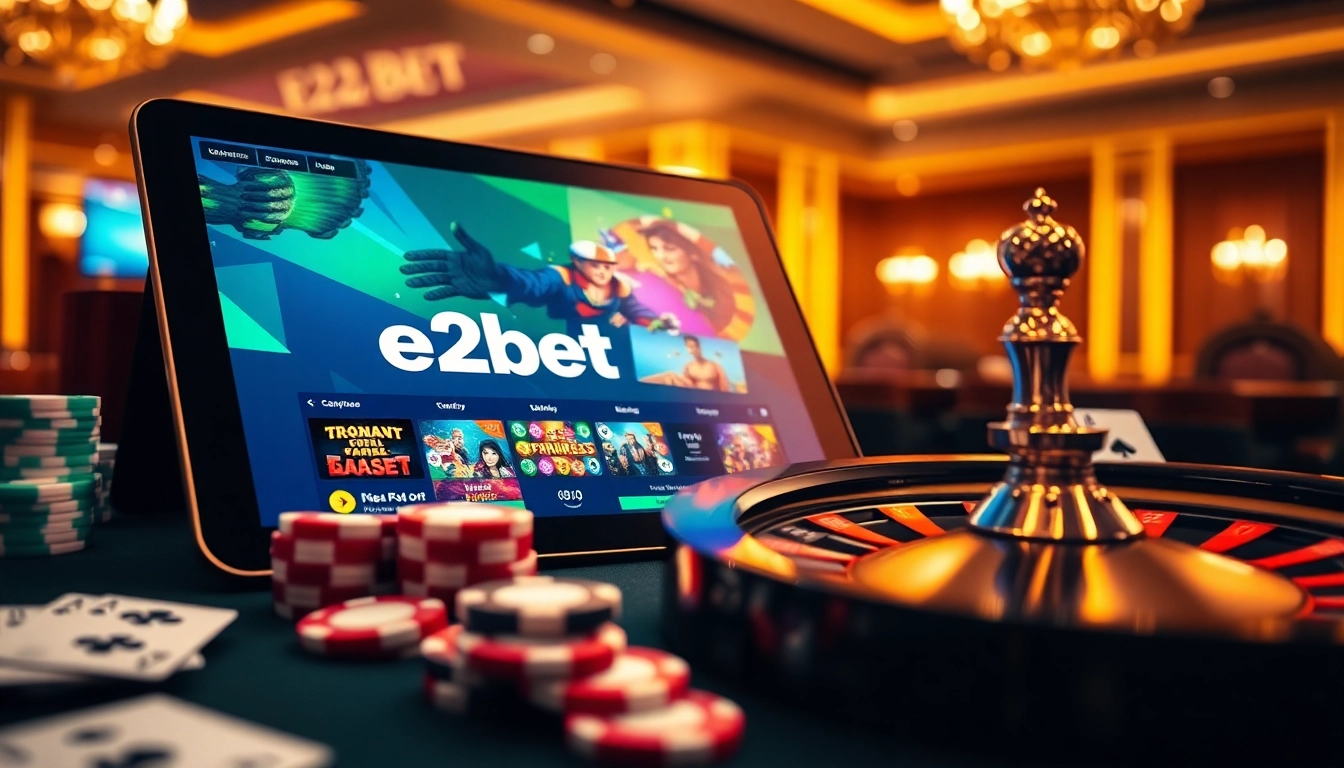 Experience e2bet's thrilling casino games with inviting poker chips and roulette wheel.