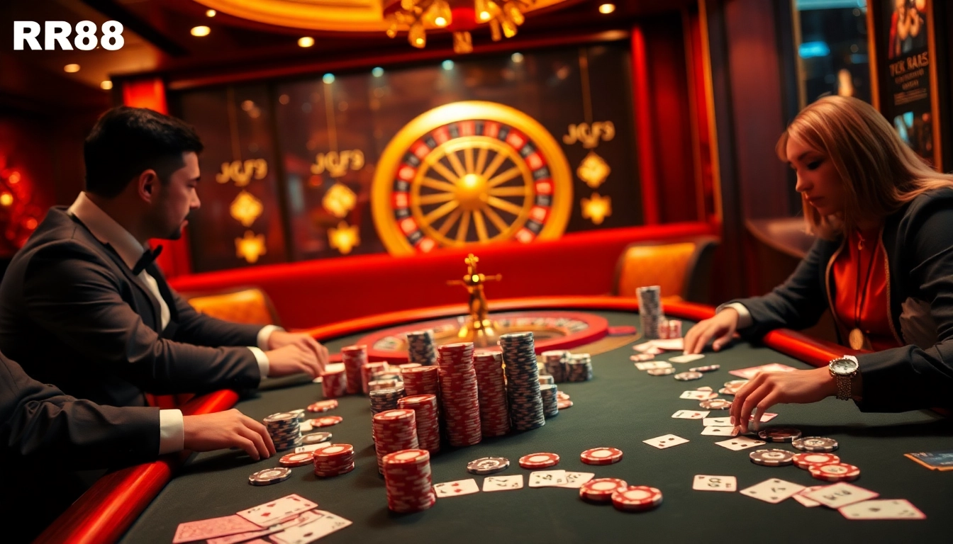 Players engaging in high-stakes poker at RR88 with vibrant chips and a roulette wheel backdrop
