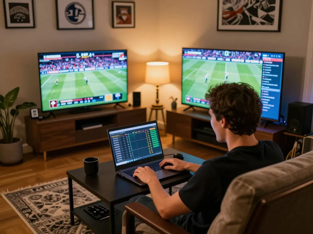 3Win user placing bets on a laptop during a lively sports game at home, showcasing engaging online betting.