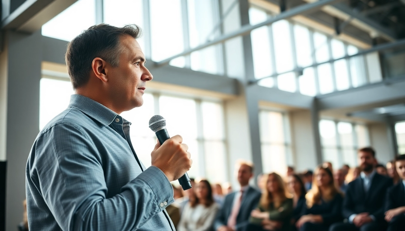 Public Speaking Coach engaging an audience in a bright conference room.