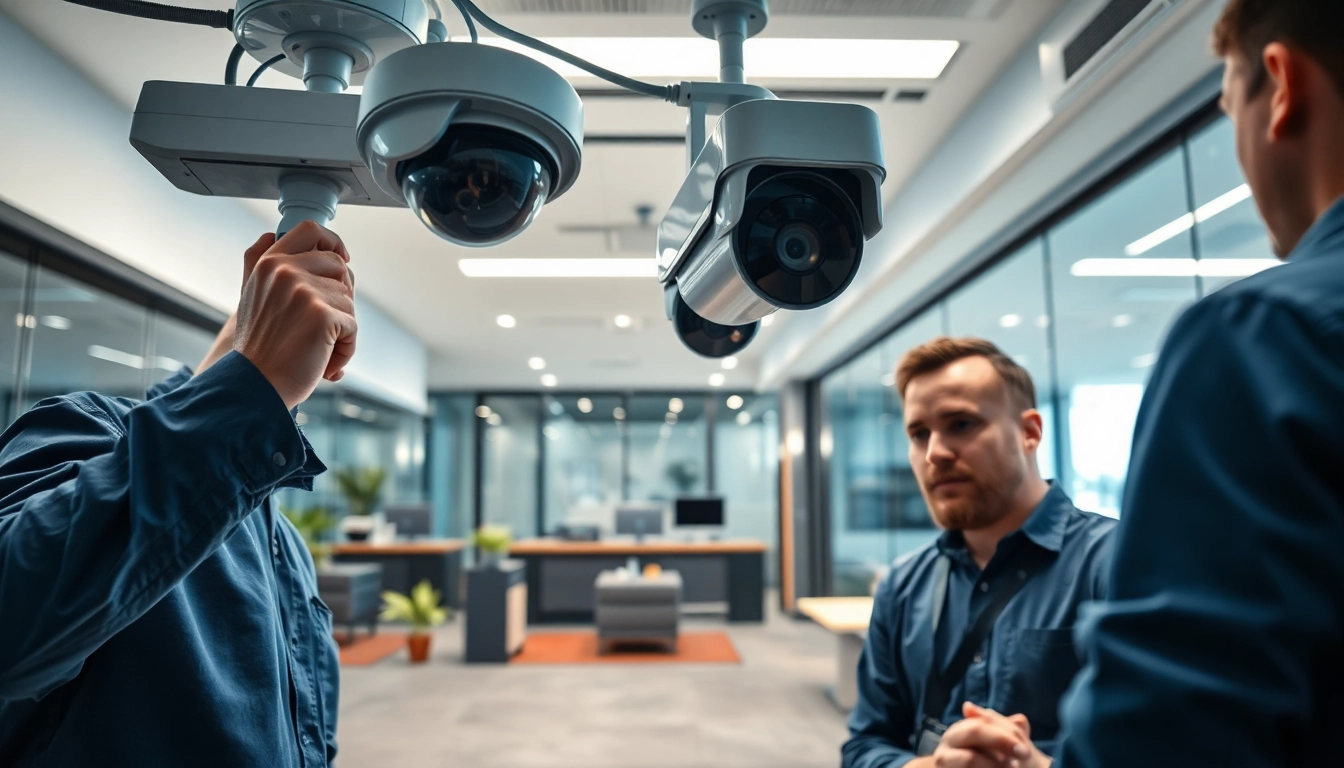 Secure surveillance camera installation at https://hikvision-indonesia.com/ with technicians in a modern office.