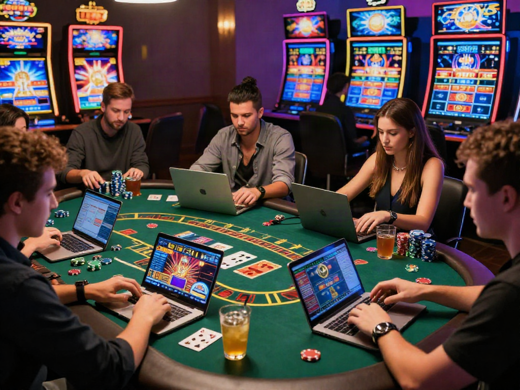 A lively online casino scene showcasing players engaged in agen casino online activities with colorful games and interactive setups.