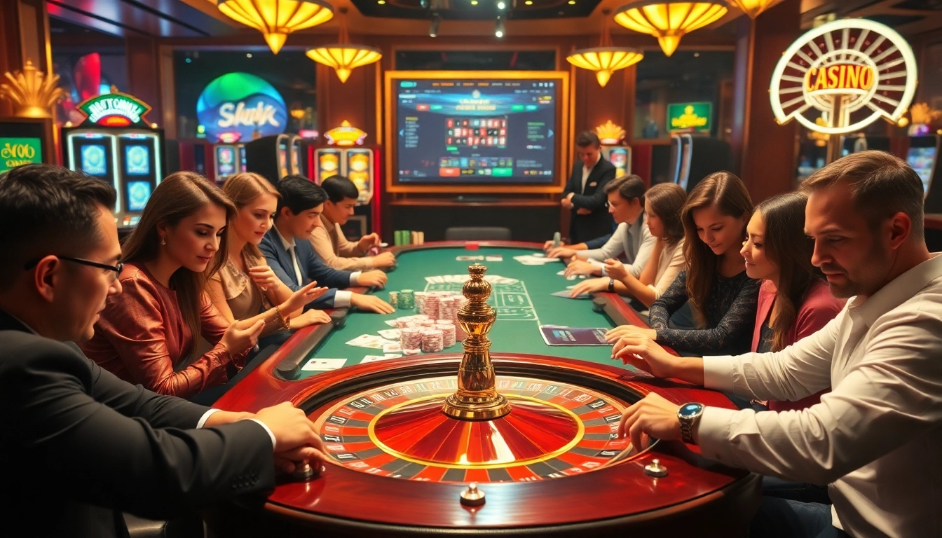 Une scène dynamique de casino en ligne avec des joueurs autour d'une table de poker, des jetons colorés et des cartes.