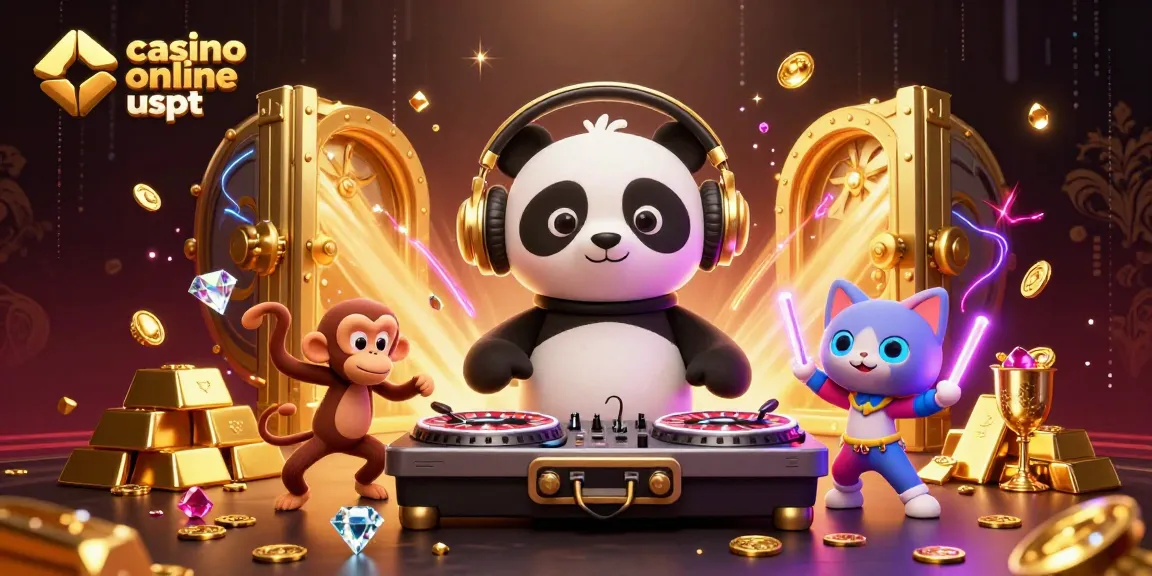 Giocare nel casino online usdt con un panda DJ, una scimmia ballerina e un gattino luminoso in un'atmosfera festosa.