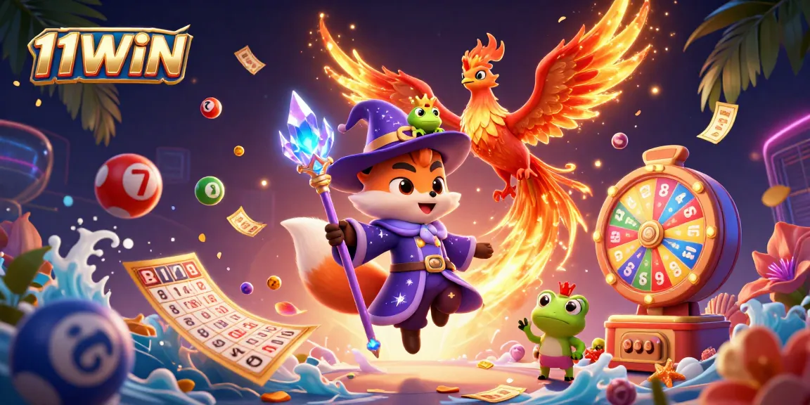 Win big with 11WIN in this vibrant 3D casino scene filled with lottery excitement and magical elements.