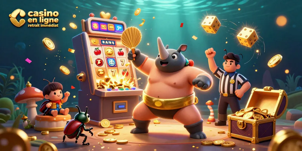 Découvrez le casino en ligne retrait immédiat avec un combat de coléoptères illustré, une machine à sous et des pièces d'or.