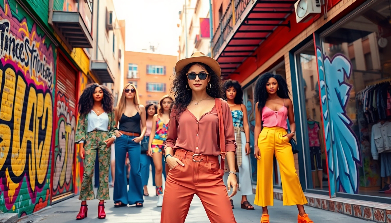 Fashion models showcase diverse styles in an urban setting, vibrant and energetic.