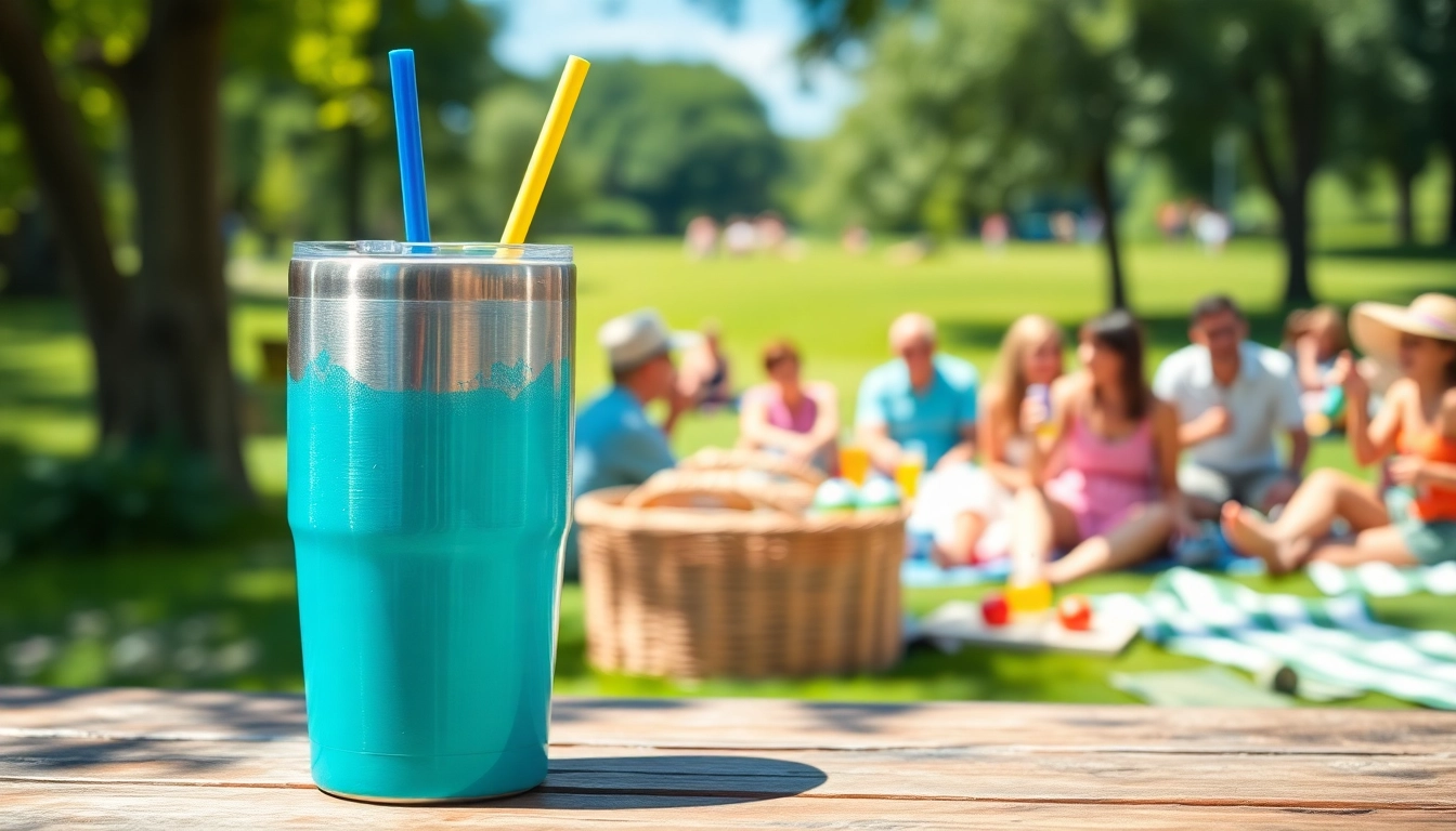 Tumblers arranged for a sunny picnic setting with vibrant colors and inviting atmosphere.