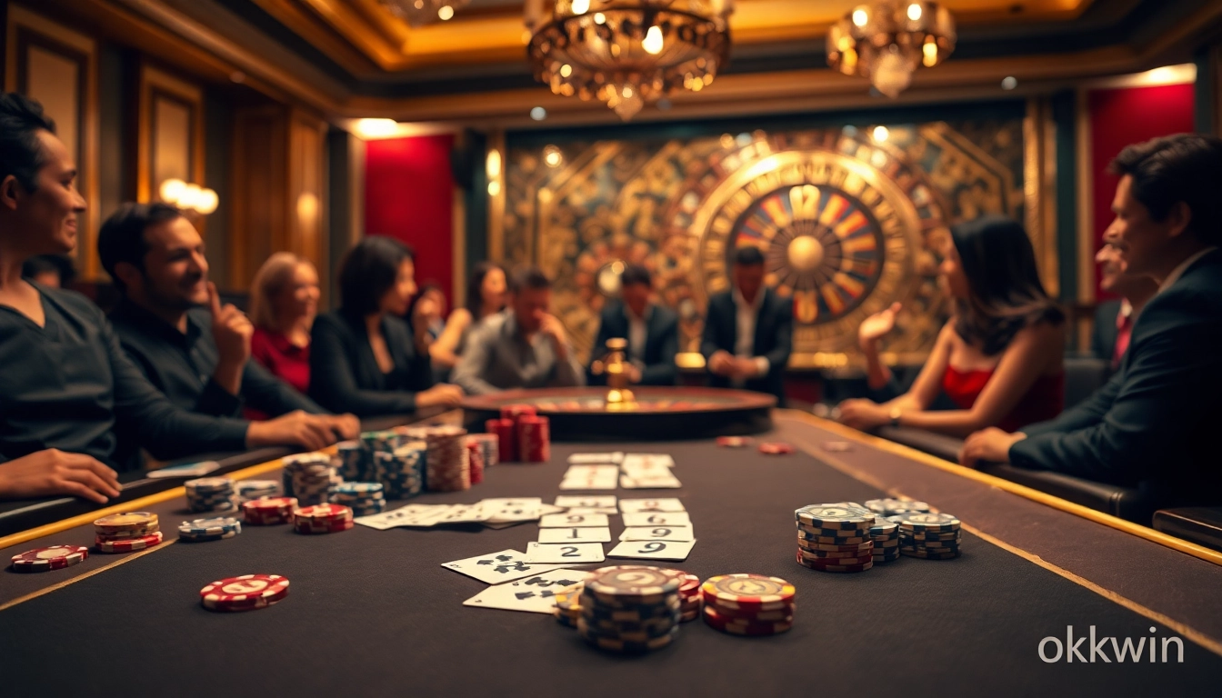 Experience the thrill of okwin with vibrant casino tables and players immersed in gambling excitement.