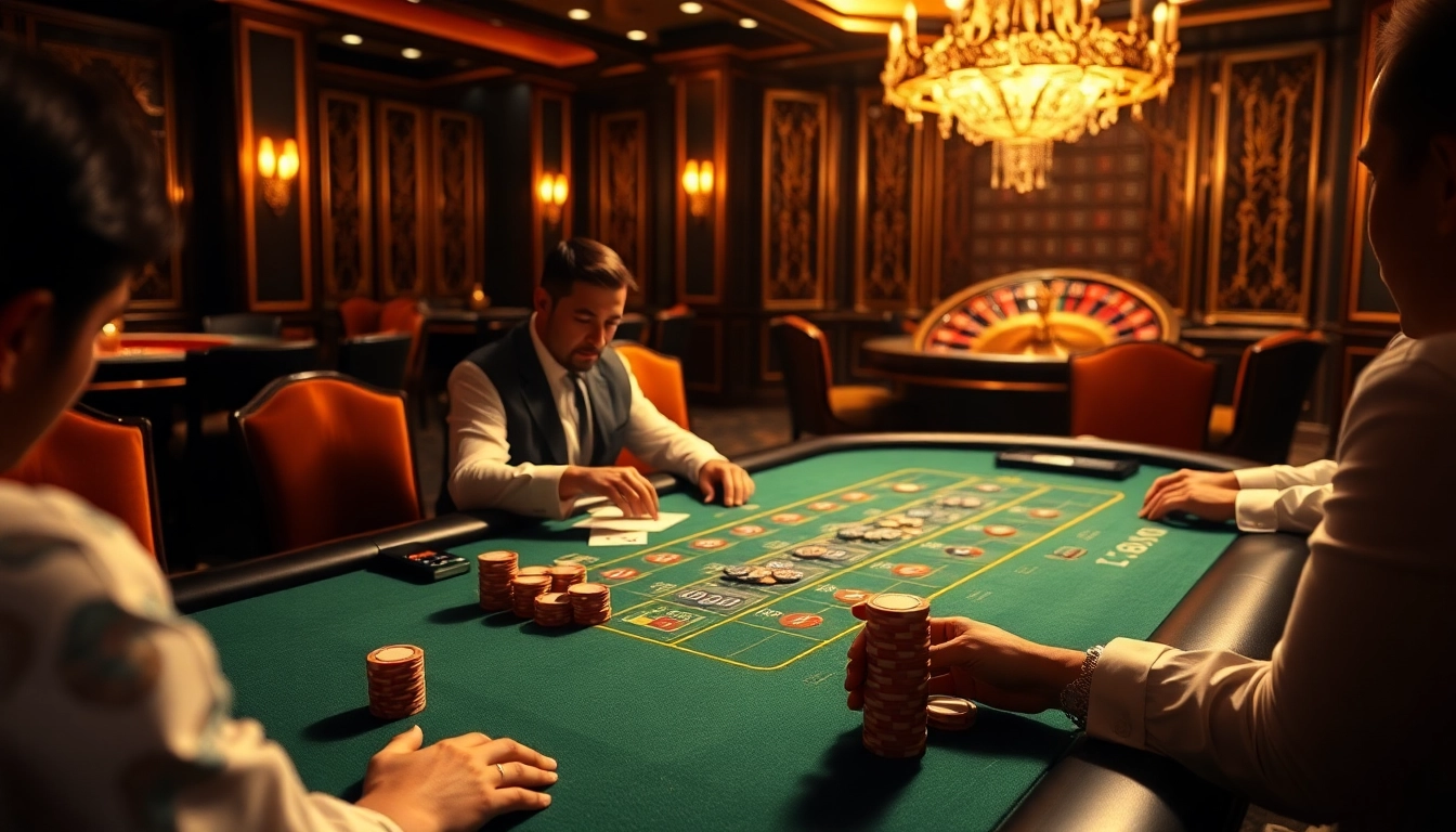 High-stakes gambling scene showcasing Lc88 poker chips on an elegant casino table.