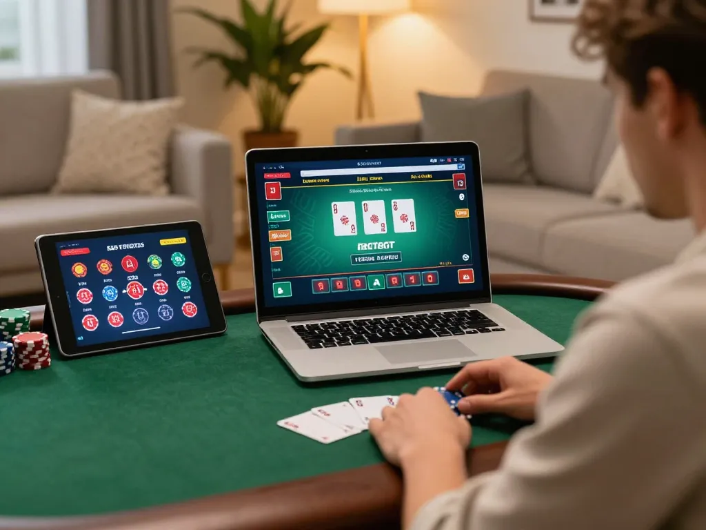 Player enjoying online gambling with NHÀ CÁI XO88 on a laptop, creating a cozy home atmosphere.