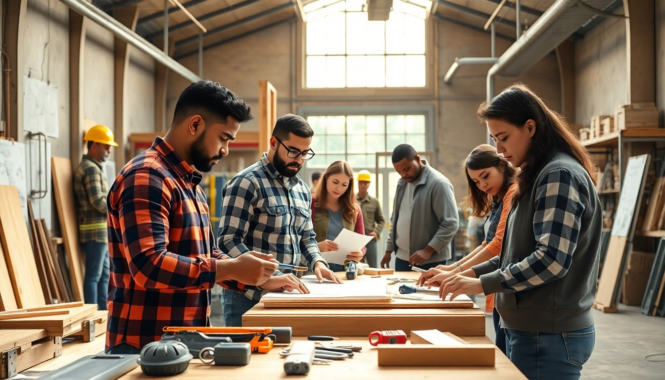 Engaged trainees in a construction apprenticeship program learning hands-on skills in a dynamic workshop.