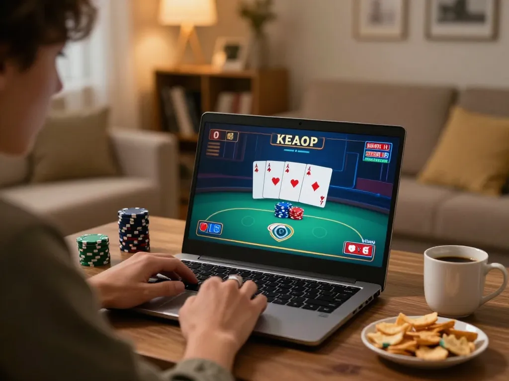 Player engages in online poker at home using sc88 platform, surrounded by comfort and snacks.