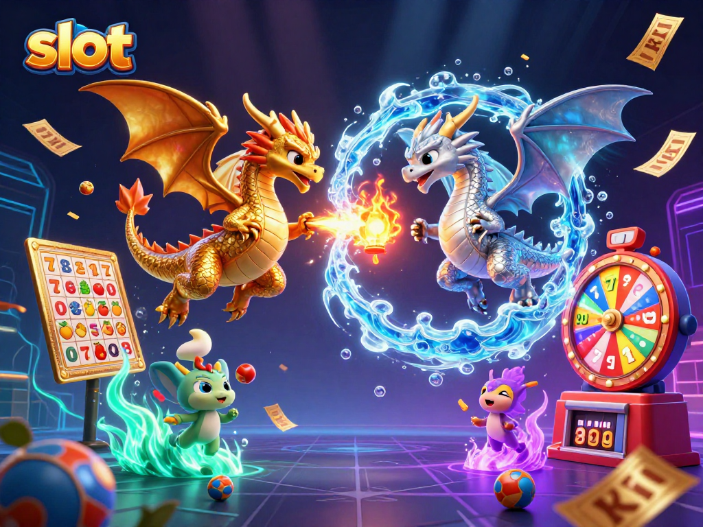 Permainan slot menyajikan darah naga dan elemen kasino yang berwarna cerah di tengah aksi dinamis.