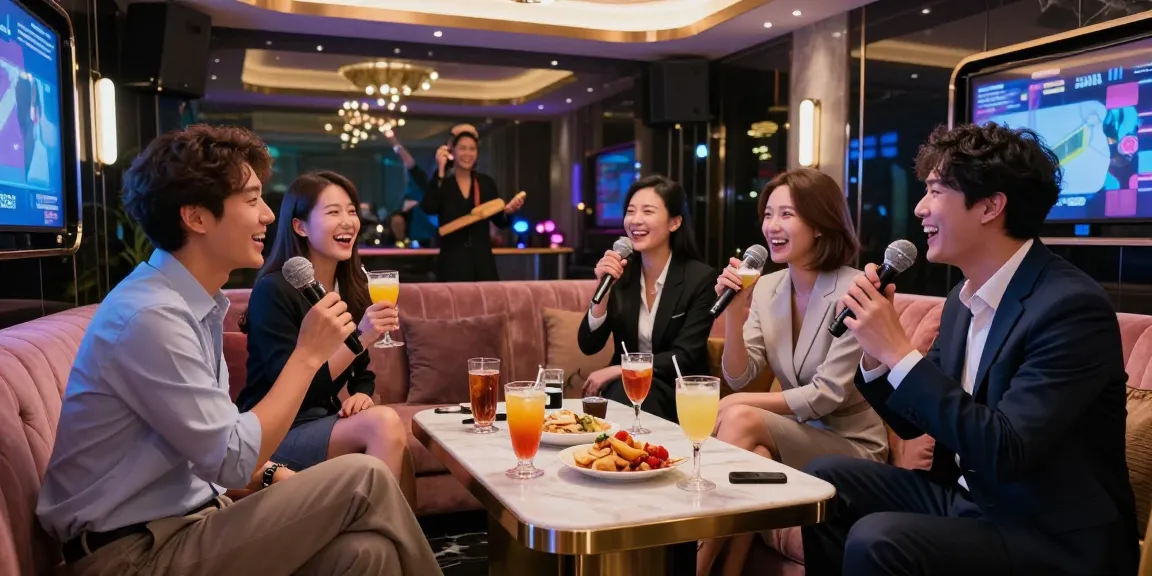 강남가라오케의 고급스러운 룸에서 전문직 종사자들이 즐거운 시간을 보내는 모습