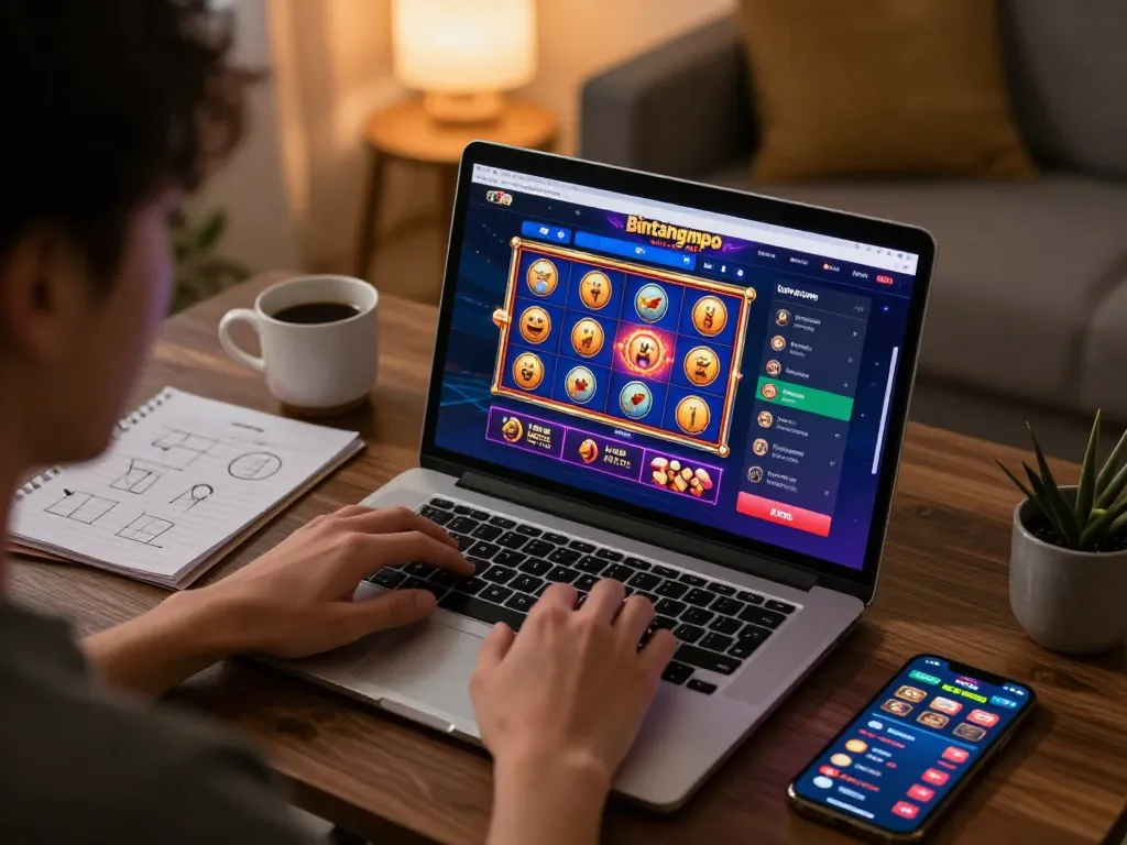 Pemain Bintangmpo menikmati permainan slot online yang imersif di rumah dengan catatan strategi dan pencahayaan hangat.