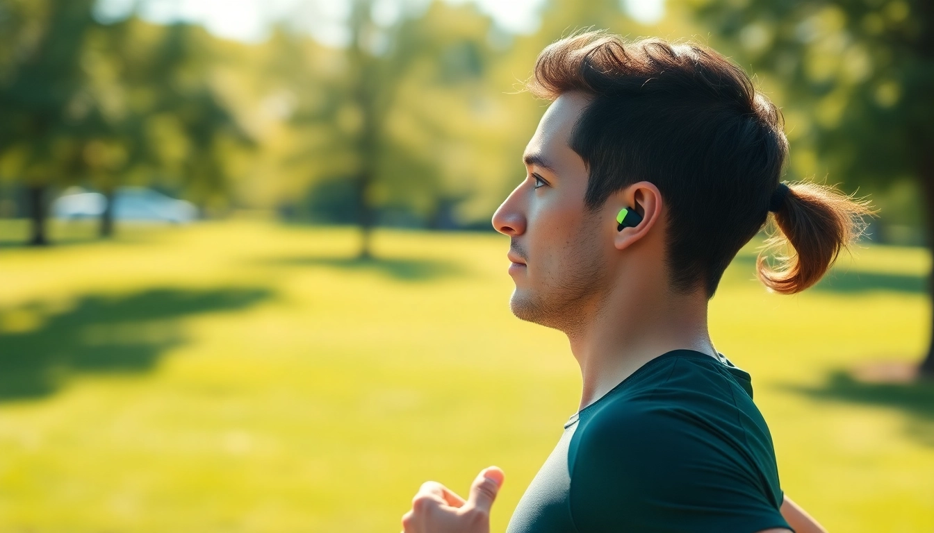 Active individual enjoying Shokz headphones during outdoor exercise in a vibrant park setting.