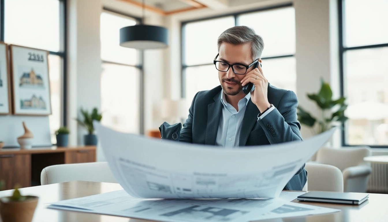 Geprüfter Immobilienmakler mit Verträgen bei https://immobilienmakler-bester.de in einem modernen Büro.