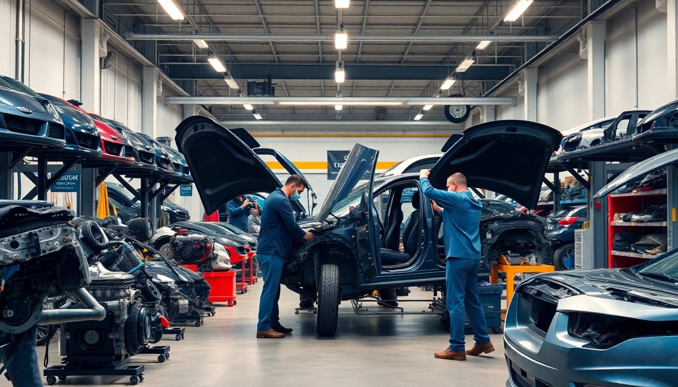 Autosloopexpert technisch personeel bij het ontmantelen van voertuigen in een professionele werkplaats.
