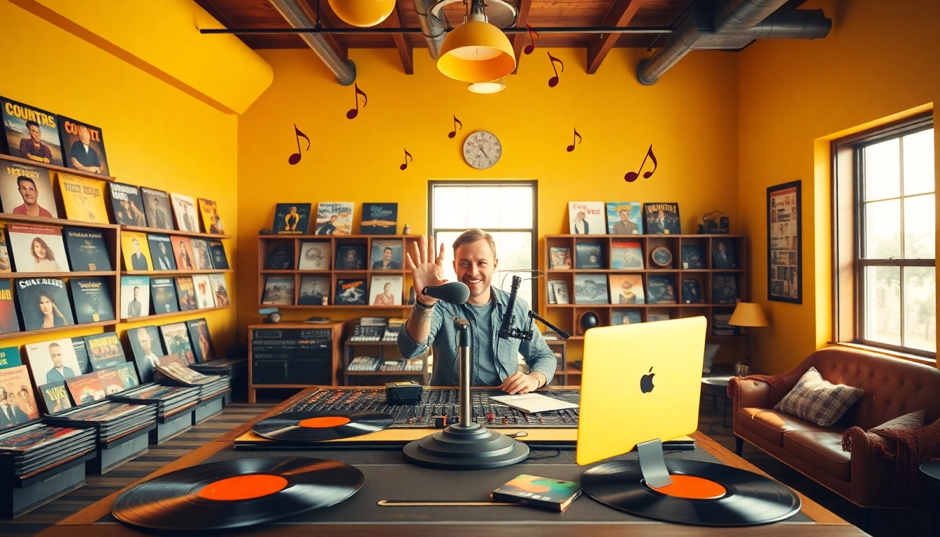 Experience the lively studio of https://mycountry955.com with a DJ engaging the audience.