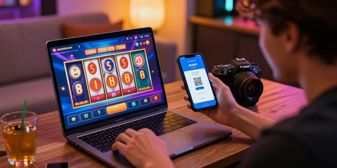 Engaged player enjoying a slot depo 1k game on laptop with vibrant graphics and QRIS payment options.