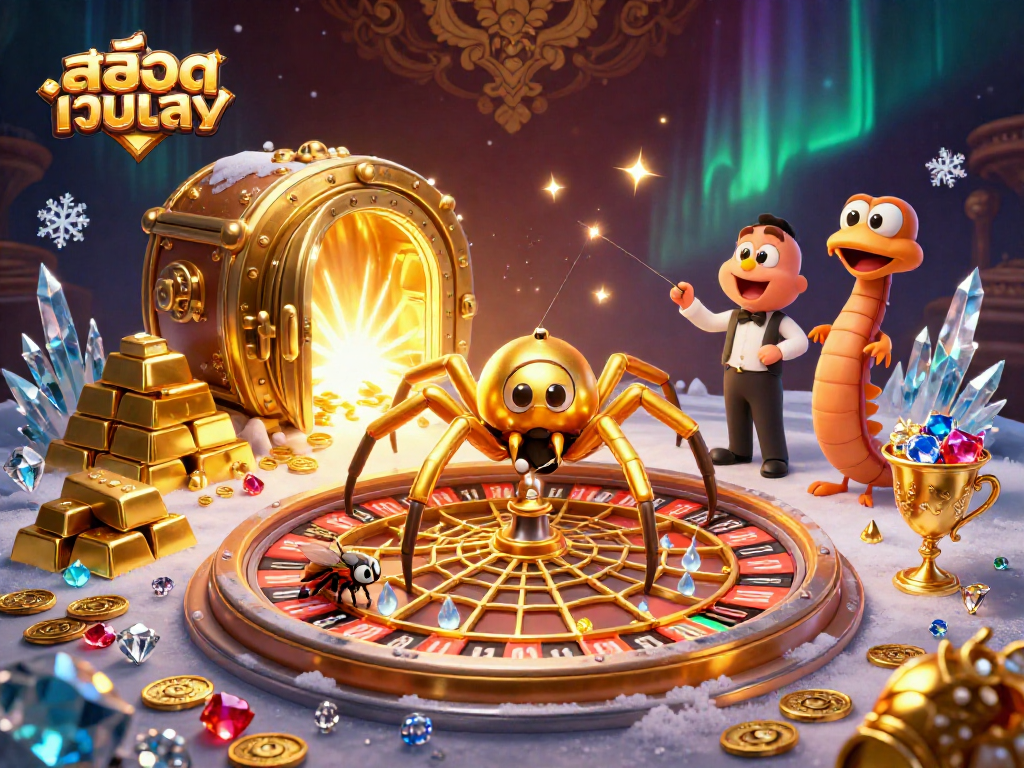 Engage with สล็อตเว็บตรง, exploring a thrilling casino scene with cartoon characters and dazzling treasures.