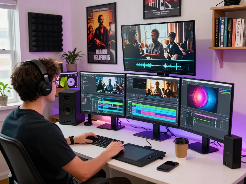 Creative video to prompt workspace with content creator editing film in a vibrant studio