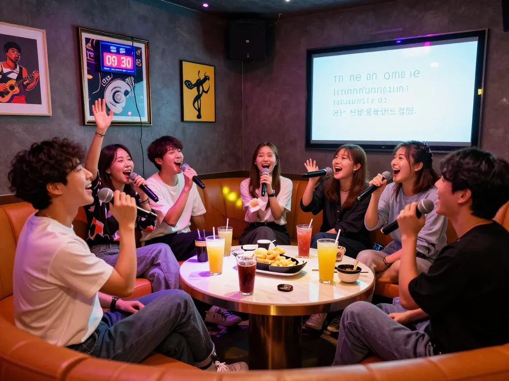 사람들이 친구들과 함께 노래를 부르며 개인 방 분위기를 즐기는 3no.org/bupyeong의 활기찬 노래방 장면.