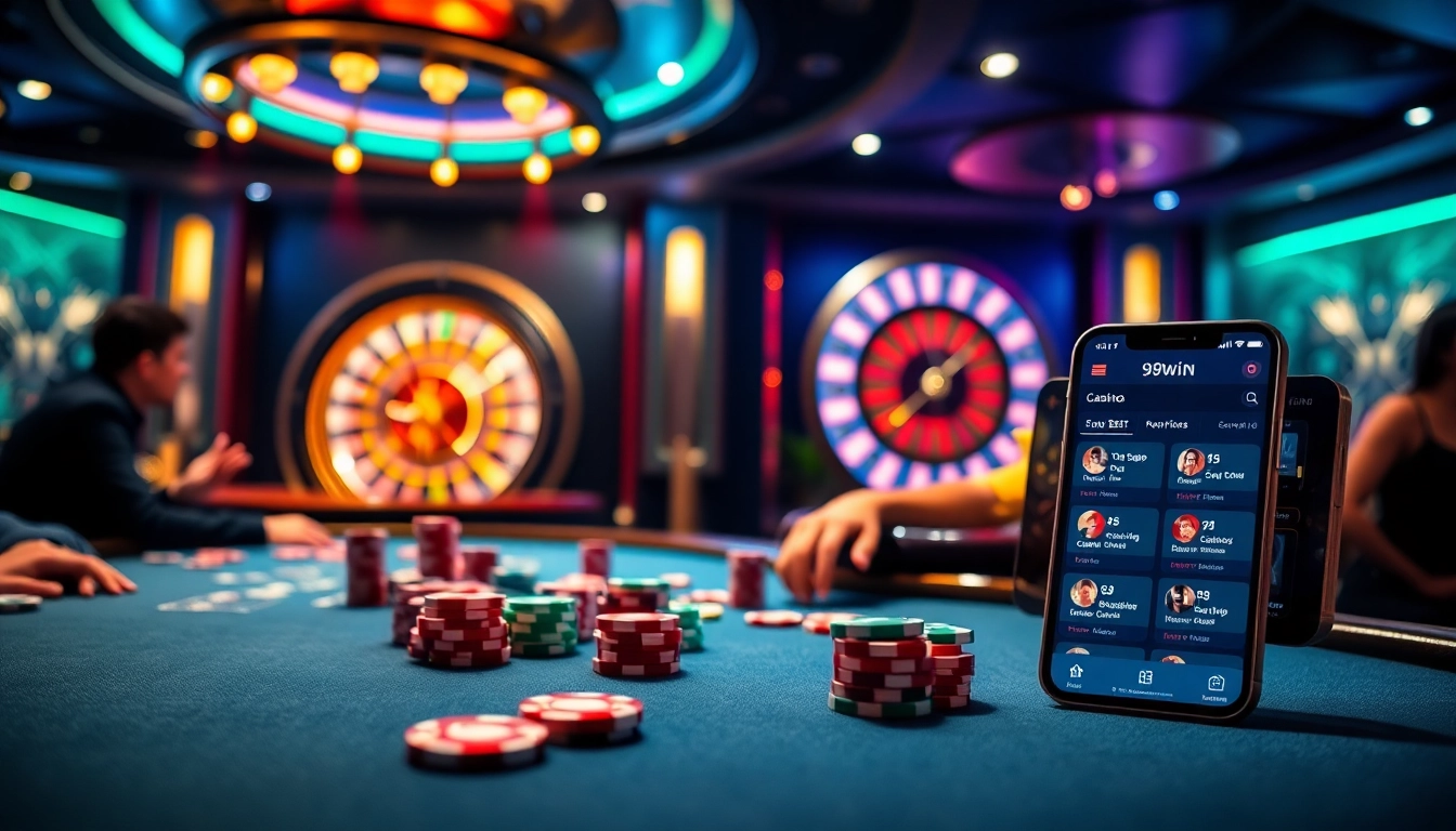 Gamblers engaging with the 99win app at a vibrant casino table, showcasing excitement.