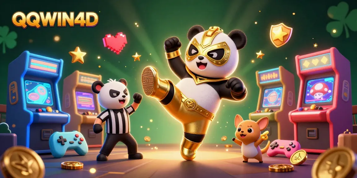 Permainan QQWIN4D yang mengasyikkan dengan panda petarung dan penonton hewan dalam suasana ceria.