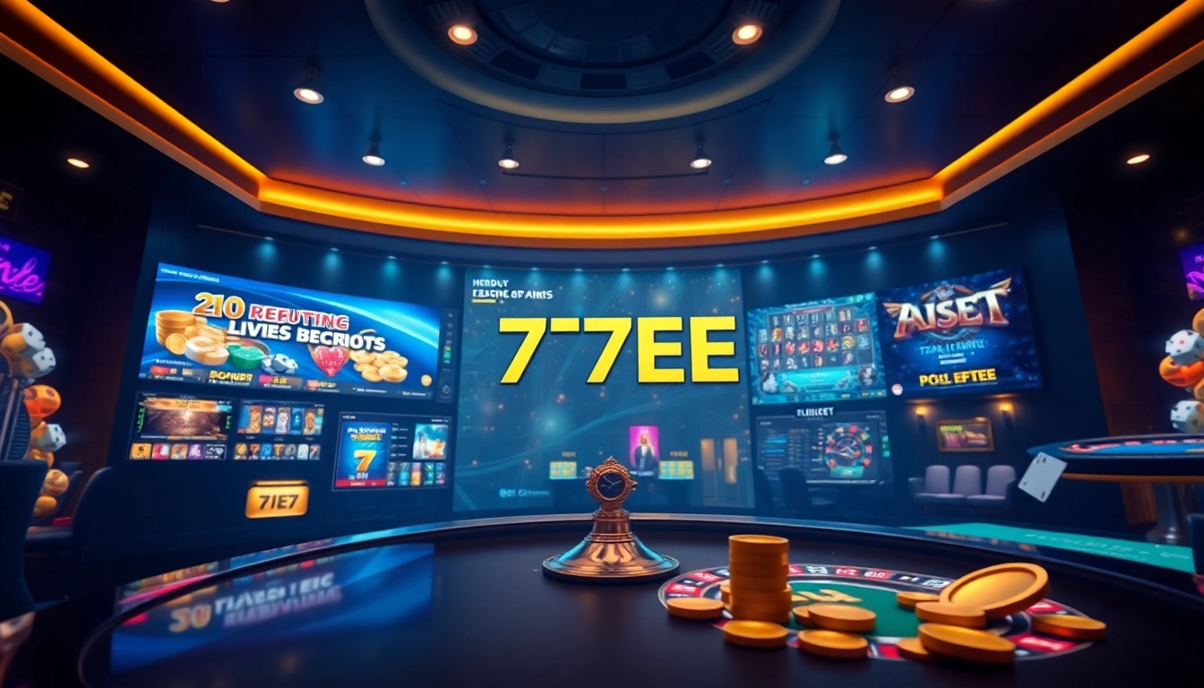 Engaging digital environment showcasing 77EE online gaming features with vibrant casino graphics.