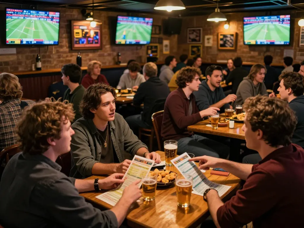 Fans engaging in sports betting discussions at W188 pub with multiple screens showing live odds and matches.