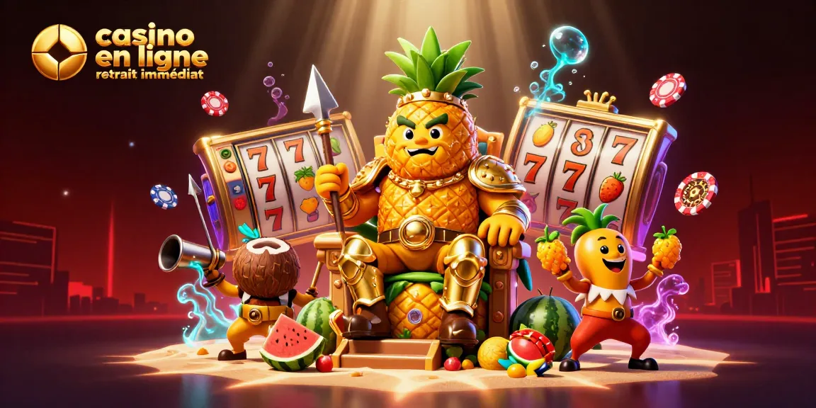 Visuels captivants de casino en ligne retrait immédiat montrant un roi ananas et des personnages de jeu.