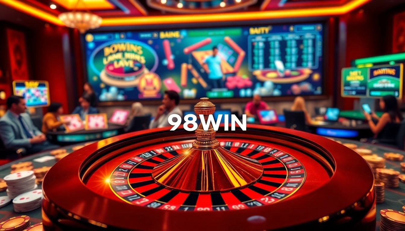 Experience the thrill of gambling at 98WIN with a luxurious casino setting featuring roulette and vibrant gaming interfaces.