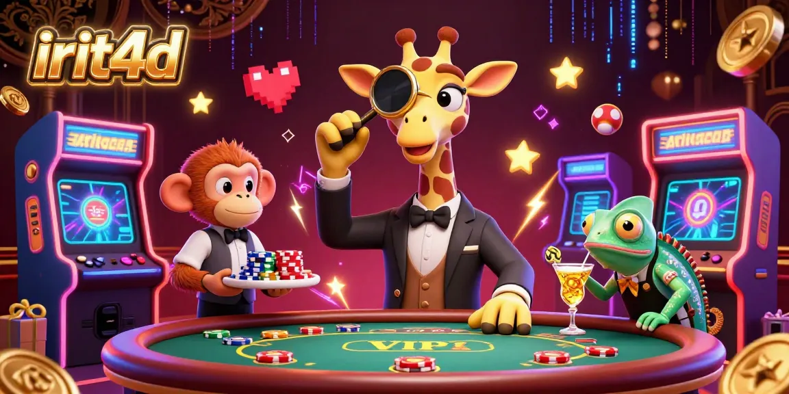 Join in the irit4d excitement, as a high-roller giraffe celebrates at a vibrant casino with iconic game elements.