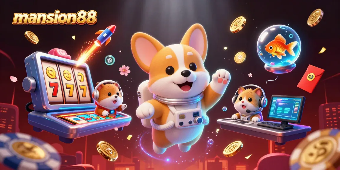 Experience the excitement at mansion88 with a vibrant 3D casino scene featuring playful characters and dynamic game elements.